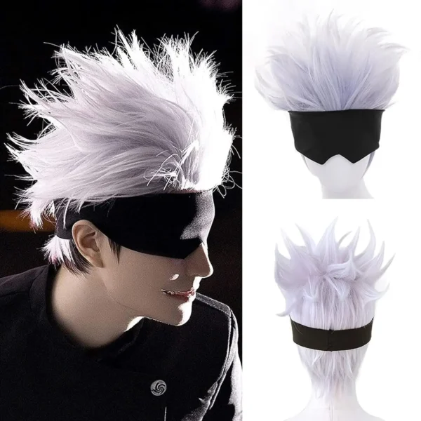 Black Blindfold + Short Wavy Cosplay Wig Light Purple Mix Silver Wig for Anime Heat Resistant Hair Wig for Men Boys