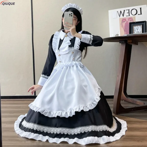 Women Maid Outfit Lolita Dress Cute Kawaii Cafe Costume Black White Men Uniform Long Apron Dress Mucama Cosplay Costume - Image 3