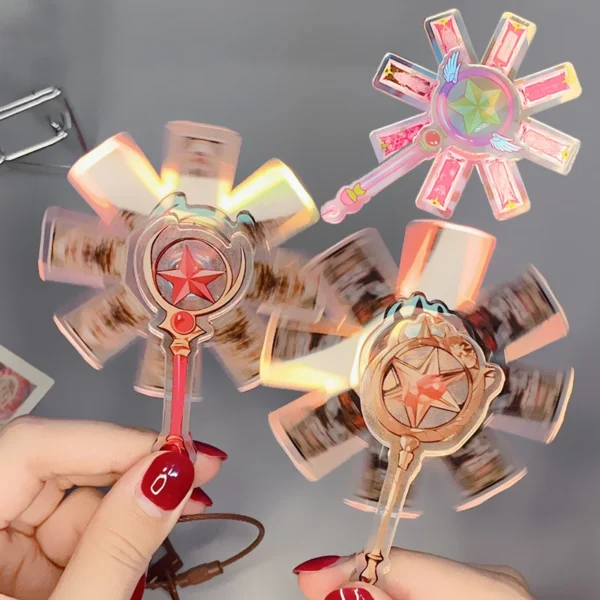 Sakura Acrylic Laser Pendant Cosplay Anime Clear Card Captor Rotating Magic Stick Keychain Halloween Party DIY Decor Fans Gifts