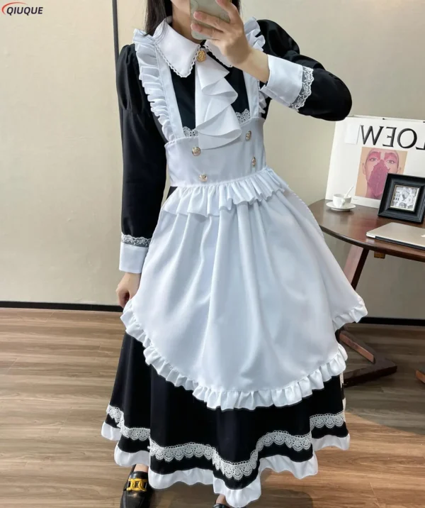 Women Maid Outfit Lolita Dress Cute Kawaii Cafe Costume Black White Men Uniform Long Apron Dress Mucama Cosplay Costume - Image 5