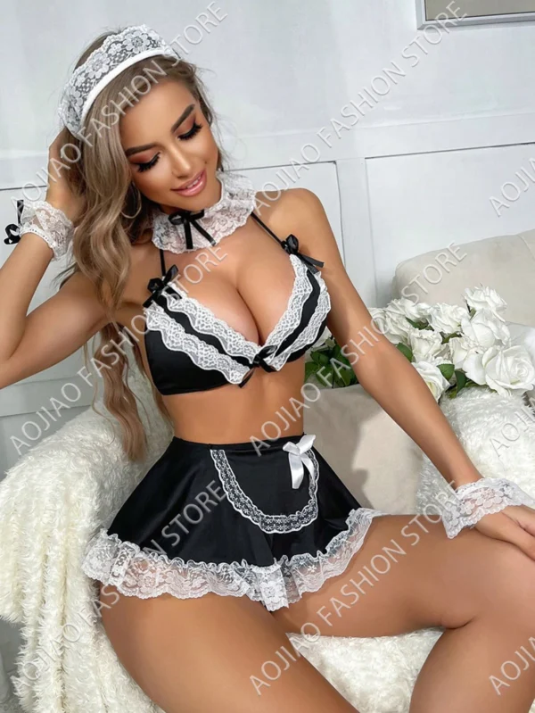 Naughty Maid Role-Play Costume Lace Halter Push Up Bra Contrast Mesh Mini Skirt & Thong Women's Sexy Lingerie Underwear - Image 3