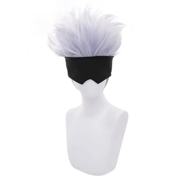 Black Blindfold + Short Wavy Cosplay Wig Light Purple Mix Silver Wig for Anime Heat Resistant Hair Wig for Men Boys - Image 2