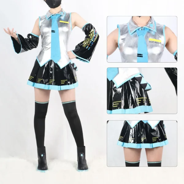 Miku Cosplay Full Set Silver Grey Patent Leather Fabric Suit Miku Cosplay Shoes Headwear Costume Outfit JK uniform Cosplay - Image 2