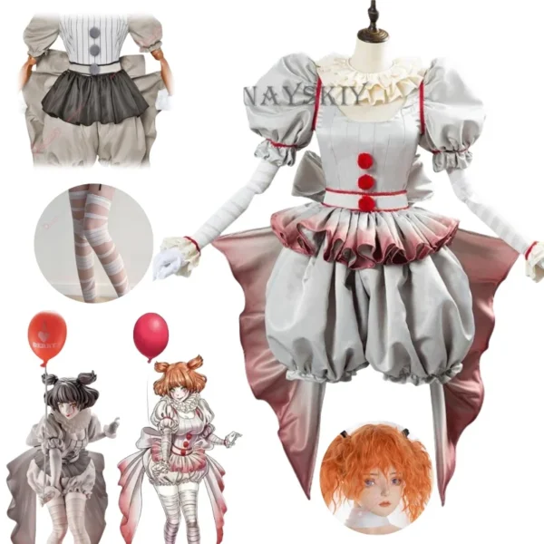 Movie Clown Pennywise Cosplay Costume Halloween Girls Outfit Horror Lolita Dress Up Women Fantasy Dress Carnival Party Full Set