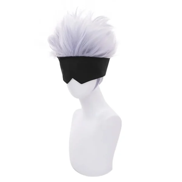 Black Blindfold + Short Wavy Cosplay Wig Light Purple Mix Silver Wig for Anime Heat Resistant Hair Wig for Men Boys - Image 4