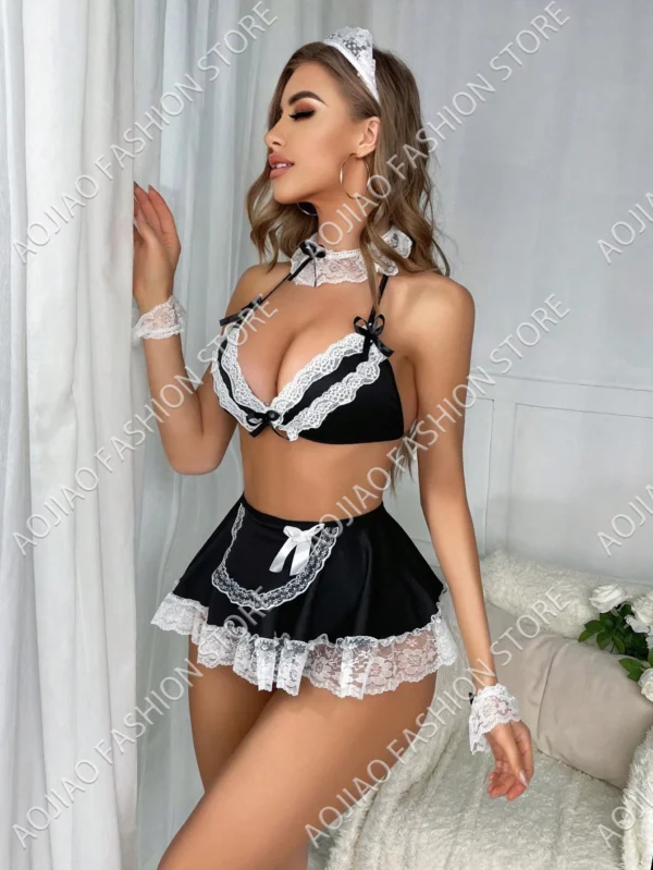 Naughty Maid Role-Play Costume Lace Halter Push Up Bra Contrast Mesh Mini Skirt & Thong Women's Sexy Lingerie Underwear - Image 5