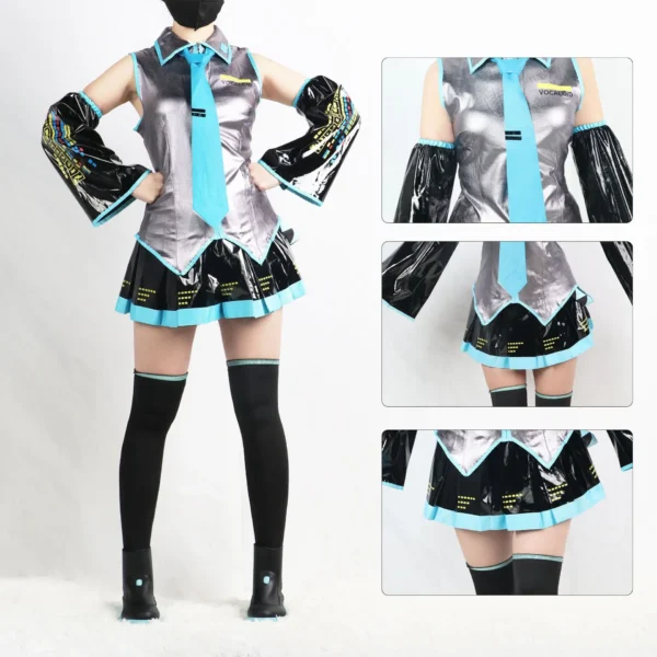 Miku Cosplay Full Set Silver Grey Patent Leather Fabric Suit Miku Cosplay Shoes Headwear Costume Outfit JK uniform Cosplay - Image 3