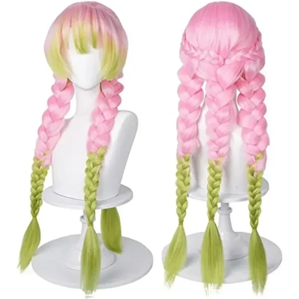 Pruik Voor Mitsuri Cosplay Ds Groene En Roze Anime Cosplay Pruiken Met Pet Voor Halloween Kostuum Feest