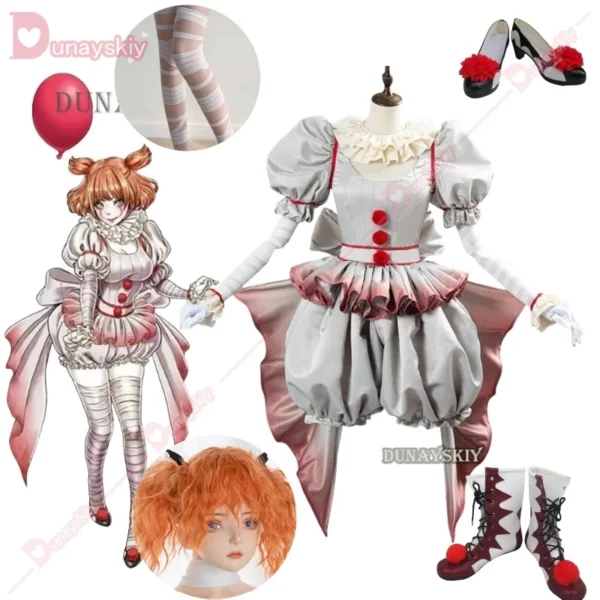 Movie Clown Pennywise Cosplay Costume Halloween Girls Outfit Horror Lolita Dress Up Women Fantasy Dress Carnival Party Full Set