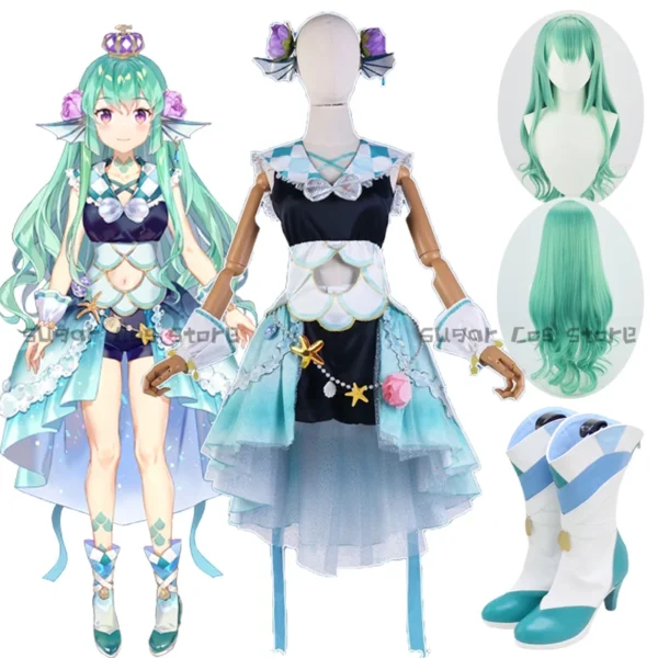 VTuber ANYCOLOR Finana Ryugu Anime Cosplay Costumes Full Set Cute Dress Outfits Wig Shoes Halloween Party Role Play Accessories