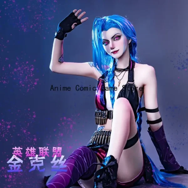 In Stock S-XL Jinx Cosplay Costume Wig Tattoo Sticker Full Sets Anime Game League of Legends Halloween Party Outfits for Girls - Image 2