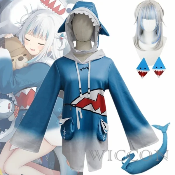 Gawr Gura Shark Cosplay Costume Hololive Vtubers Holo EN Hoodie For Girl Kids Holo Gauru Shark Tail Haircilp Wig Cos Full Set