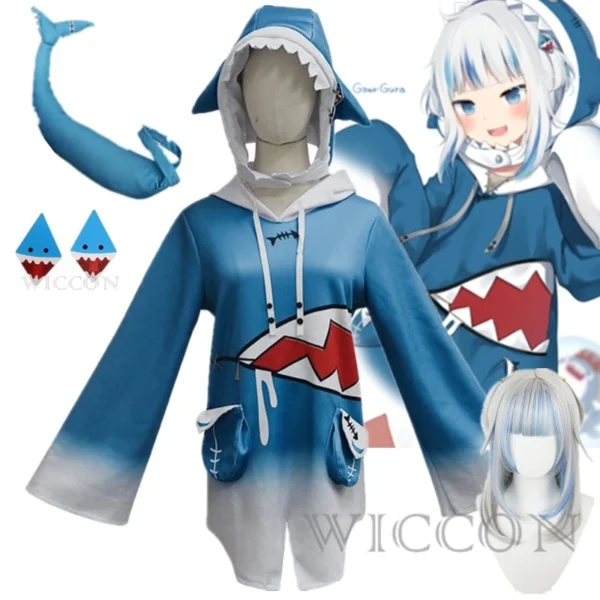 Gawr Gura Shark Cosplay Costume Hololive Vtubers Holo EN Hoodie For Girl Kids Holo Gauru Shark Tail Haircilp Wig Cos Full Set - Image 2